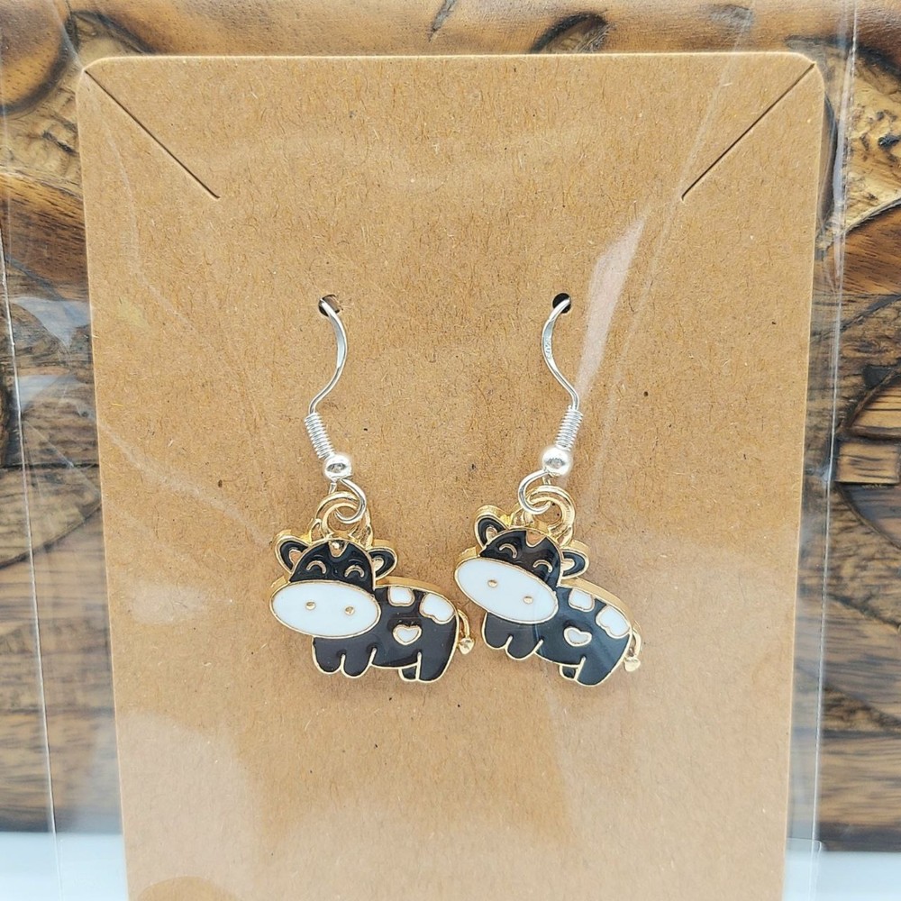 Black Cow Earrings Silver Hooks Novelty Statement Costume Farm Animals